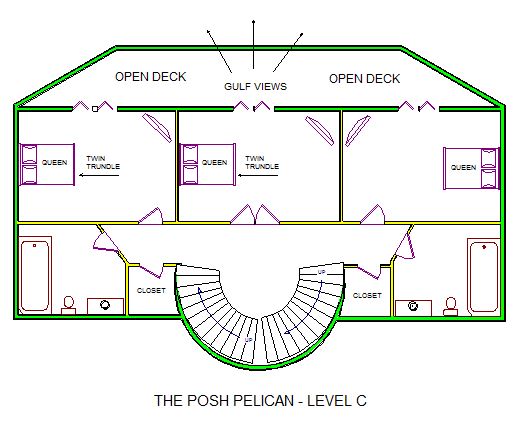 A level C layout view of Sand 'N Sea's beachfront house vacation rental in Galveston named The Posh Pelican